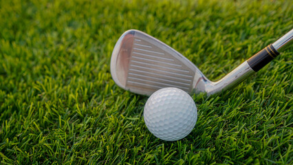 Golf clubs and balls on a green lawn in a beautiful golf course with morning sunshine.