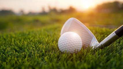 Golf clubs and balls on a green lawn in a beautiful golf course with morning sunshine.