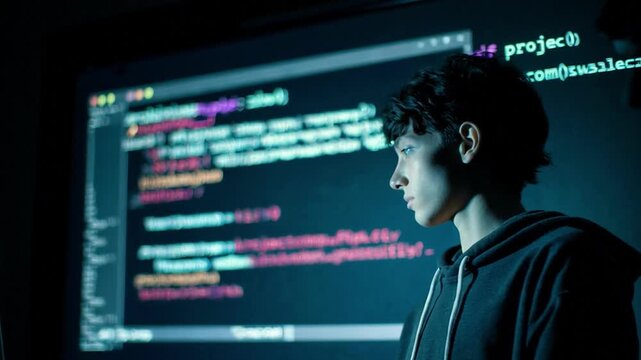 Silhouette of young man in hoodie viewing large screen with green code and red "Project Completed Successfully" message, blue-lit dark room, coding achievement moment