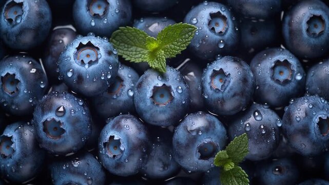 Fresh blueberries with mint leaves, a close-up view of the ripe fruit and leaves in a cluster