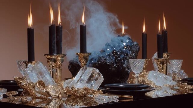 Decorative table setting with candles, crystals, and smoke in a dimly lit room during evening hours