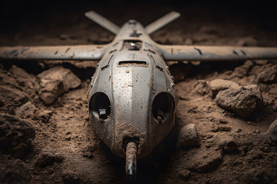 Downed unmanned aerial vehicle sits abandoned on the ground among rocks and soil, its mission obviously failed