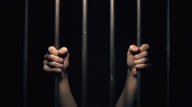 Hands Gripping Prison Bars in a Dark Cell from a Close-up Viewpoint