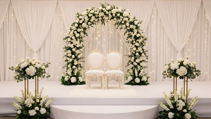 Elegant white wedding stage with floral decorations and chairs