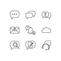 Obraz premium Message and communication icon set featuring chat bubbles, email envelope, notification bell, support headset, and search symbols. thin line vector art.