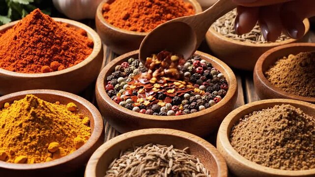 A vibrant collection of diverse spices and herbs, artfully arranged in rustic wooden bowls, showcasing a rich spectrum of colors and textures for culinary inspiration