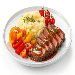 Hearty meal sliced tender roast beef with mashed potatoes and roasted vegetables plated