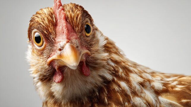 Humorous chicken close-up portrait with a bright gaze on a clean white backdrop, playful farm character