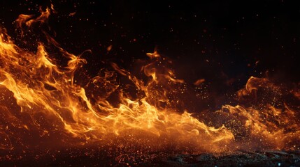 Dynamic flames and sparks in motion against a dark background.