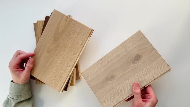 Engineered hardwood or laminate flooring swatch samples in various type of wood texture. A variety of shades of wood floor material. Interior designer selecting engineered wood flooring samples