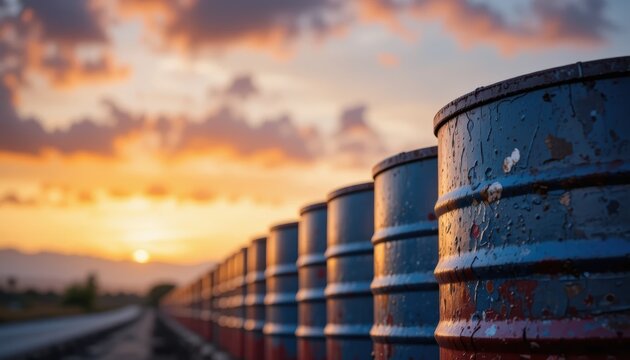 Row of weathered blue and red industrial barrels at sunset under a dramatic cloudy sky reflecting vibrant colors - Powered by Adobe