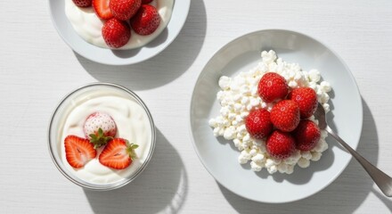 Fresh berries on yogurt and cottage cheese plates. White table