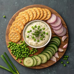 Delicious refreshing green pea dip platter with crackers cucumber and red onion