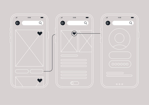 Three distinct website wireframes showcase an engaging layout for mobile devices, emphasizing user interaction and streamlined design to enhance website functionality.