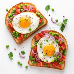 Two slices of toasted sourdough bread topped with fried egg and fresh vegetables delicious breakfast