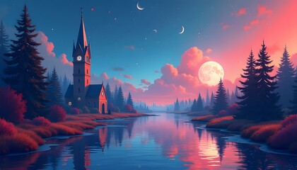 Mystische Schlosslandschaft am See bei Nacht
