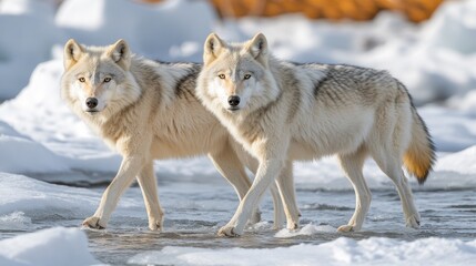 Fototapeta premium Two arctic wolves walk across icy snow