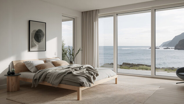 Camera da letto elegante e luminosa con arredamento minimalista e tonalit&agrave; neutre in una casa che si affaccia sul mare della Norvegia