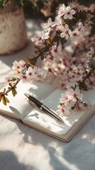 Stock photo of Writing in a journal diary close up, blooming spring flowers, concept of Lifestyle x Easter / Spring, fresh pastel colors, soft morning sunlight, style of Sustainabl