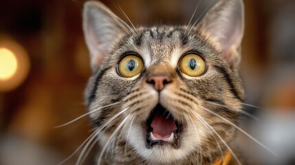 Close-up of surprised tabby cat with wide eyes and open mouth.