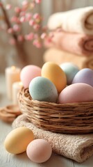 Stock photo of Spa massage therapy relaxing scene, basket of pastel painted eggs, concept of Lifestyle x Easter / Spring, fresh pastel colors, soft morning sunlight, style of Authe