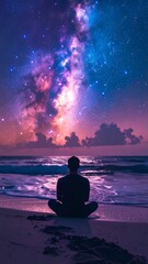 Silhouette of a person meditating on a beach under a starry sky