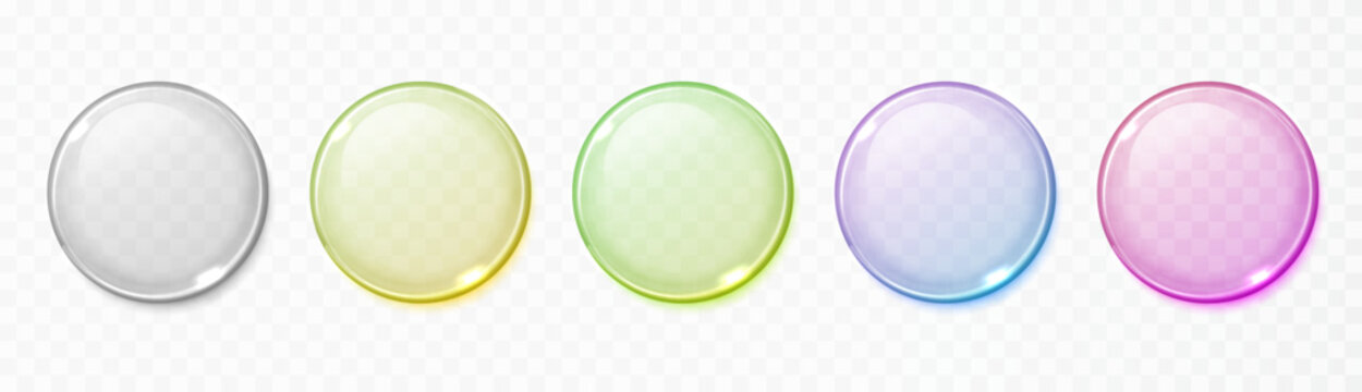 3D transparent glass button with smooth gradient lens effect. Glossy holographic round disc icon isolated on white for modern UI, tech design or abstract decoration.