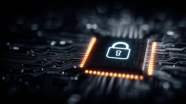 Padlock symbol on microchip circuit representing cybersecurity encryption secure access and protection of sensitive digital data.
 - Powered by Adobe