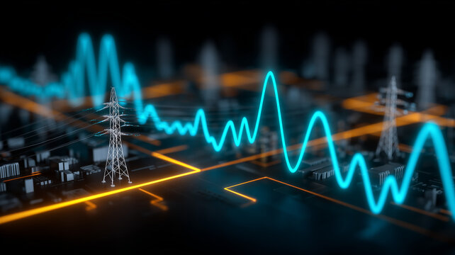 Electric power grid visualization with waveform line representing energy monitoring demand forecasting and smart utility infrastructure.
 - Powered by Adobe