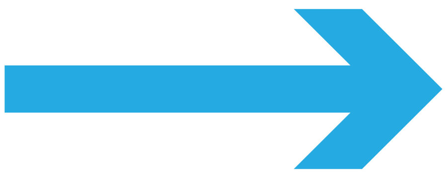 Blue large long arrow to the right .  Blue  arrow isolated on white background .  Long arrow icon, right large line, blue cursor, horizontal element, thick pointer vector long arrow icon. 