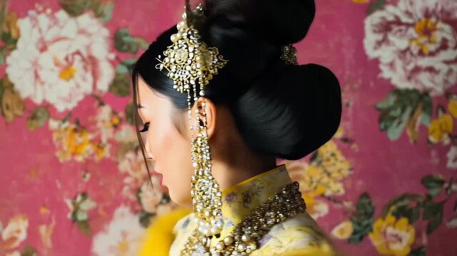 A woman in a traditional Chinese outfit holds an umbrella, showcasing cultural attire against a serene backdrop.