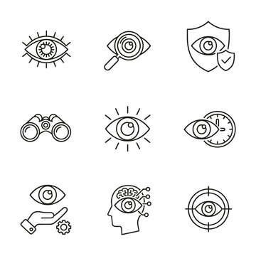 Eye line editable icon set. Vision, view, visible, surveillance, focus, looking, witness, supervision. Outline icon collection, editable stroke, vector illustration