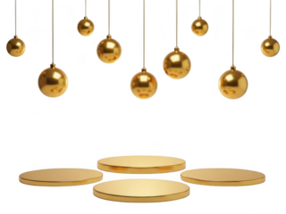 Golden ornaments floating above platforms isolated on transparent background