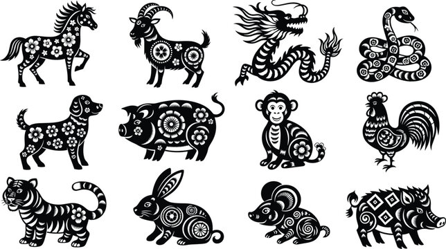 Chinese zodiac animal vector illustration set with decorative folk art style silhouettes and traditional patterns