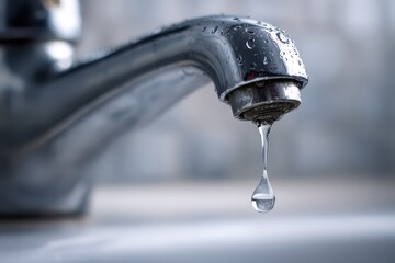 High-detail photo of a water droplet detaching from a faucet, cool metallic tones and smooth reflections