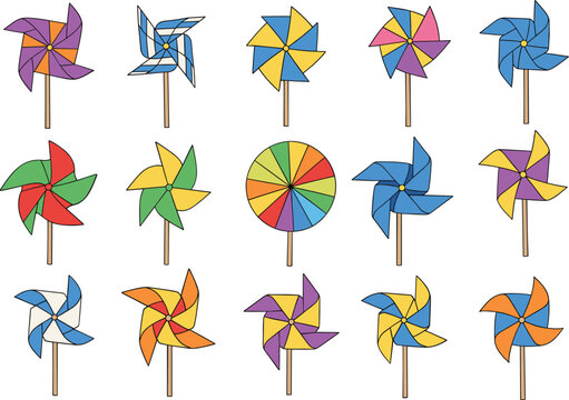 Colorful Pinwheel Toy Vector Set Featuring Spinning Windmill Shapes for Kids Summer Play Illustration