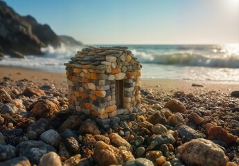 tiny stone house on pebble beach with ocean waves and golden sunlight