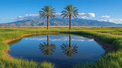 Obraz premium Two palm trees mirrored in a tranquil pond, set against a vast grassy plain and distant mountains under a clear blue sky