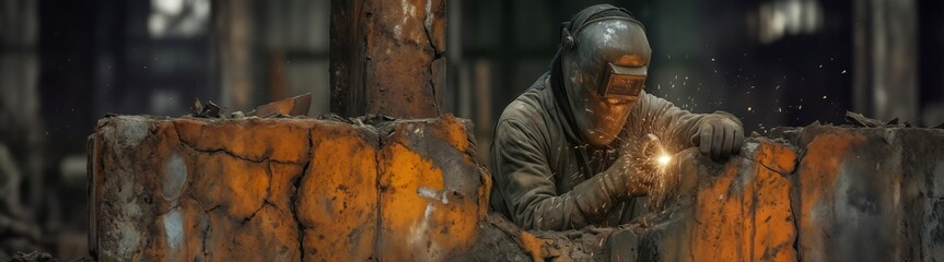 Fototapeta premium industrial welder working with metal in a shipyard, sparks flying during fabrication process.