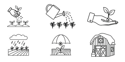Agriculture and Gardening Line Icons Set &ndash; Planting, Watering, Rain, Farm Barn Outline Vector