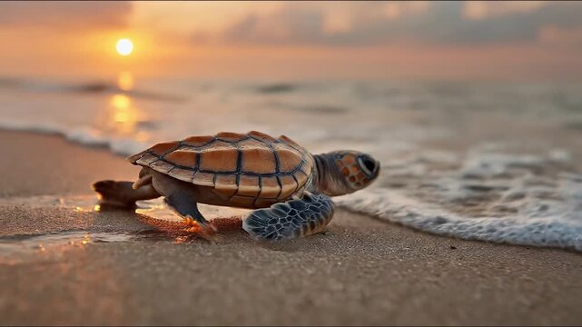 Tiny Turtle's Dawn Adventure: A newborn sea turtle embarks on its first journey toward the ocean. The dawn sun casts a warm glow, guiding it through the sand and waves.