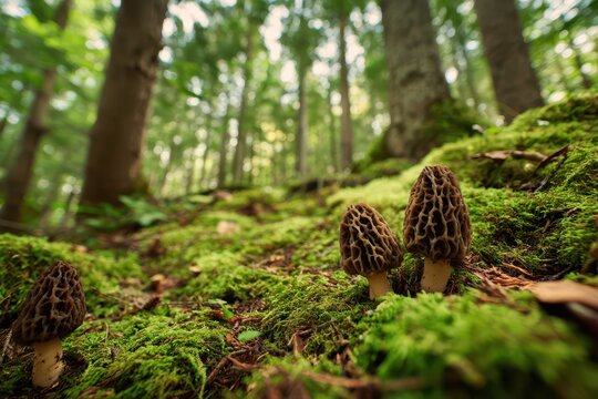 Close-up of enormous morel mushrooms rising through emerald moss in a quiet Michigan forest