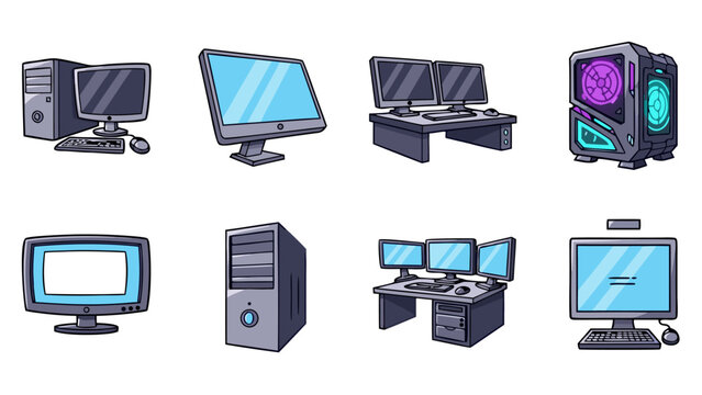 Collection of cartoon computer setups and components for digital design