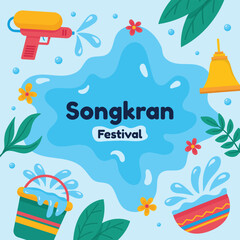 Naklejka premium songkran festival illustration with water gun bucket flowers and a bell
