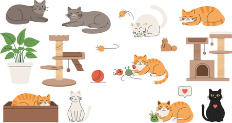Obraz na płótnie Canvas Cute domestic cats vector illustration set with playful kittens scratching posts toys and cozy home scenes