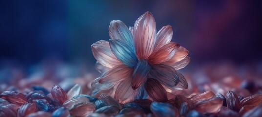 Fototapeta premium ethereal translucent flower blooming from a bed of colorful crystal petals with soft blue and pink lighting.