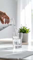 Pouring Clear Water Into A Transparent Glass On A White Table With Natural Sunlight Illuminating The Scene And A Green Plant In The Background