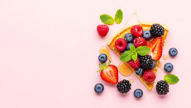  Ultra realistic flat lay of slice of multiple fresh berry fruit with panecake and light honey, minimal clean layout