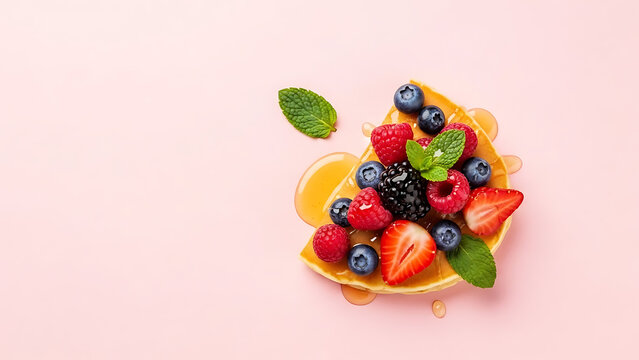 Ultra realistic flat lay of slice of multiple fresh berry fruit with panecake and light honey, minimal clean layout, refreshing summer aesthetic