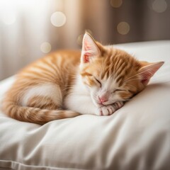 Adorable ginger kitten sleeping peacefully on a soft white pillow.